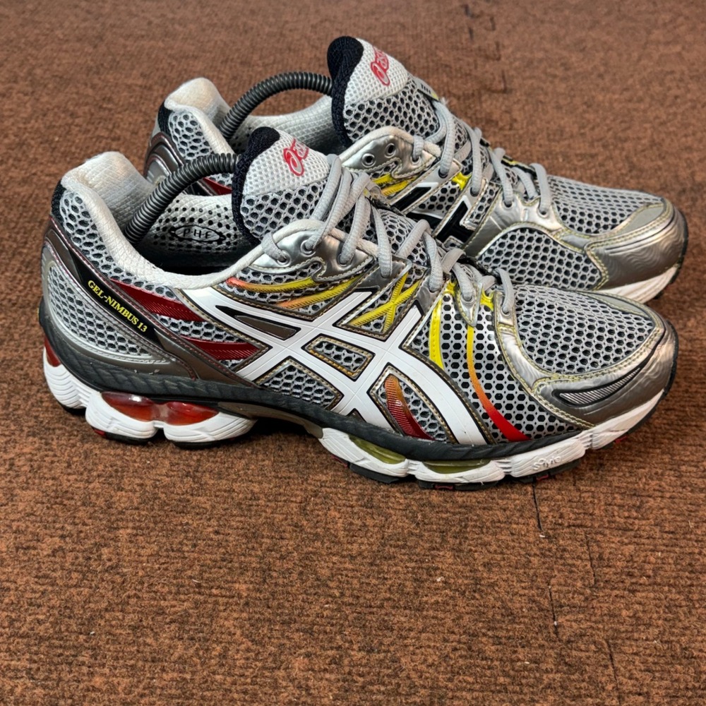 A-  Gel-Nimbus 13 Mens Running Shoes Silver Red Yellow Wide 10.5 2E T143N
